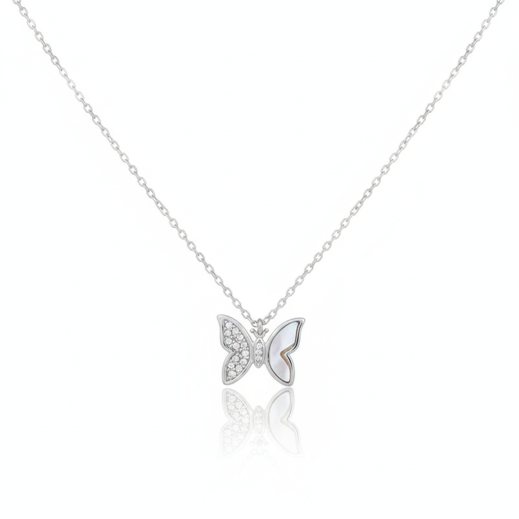 18K Gold Plated Shell and CZ Pave Butterfly Pendant Necklace