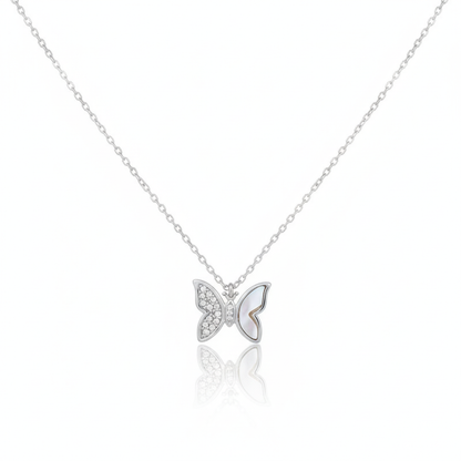 18K Gold Plated Shell and CZ Pave Butterfly Pendant Necklace
