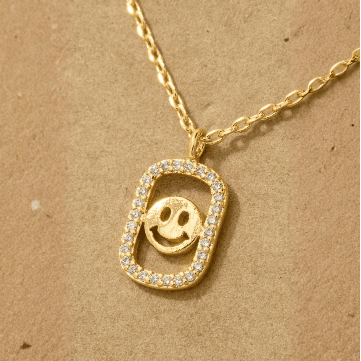 18K Gold Plated Cz Halo Set Smiley Face Pendant Necklace