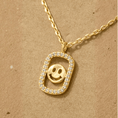 18K Gold Plated Cz Halo Set Smiley Face Pendant Necklace