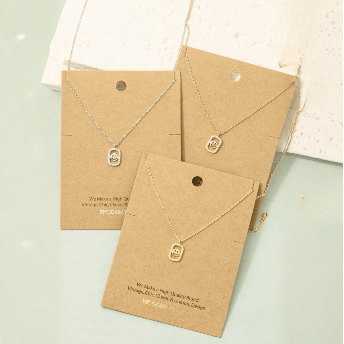 18K Gold Plated Cz Halo Set Smiley Face Pendant Necklace