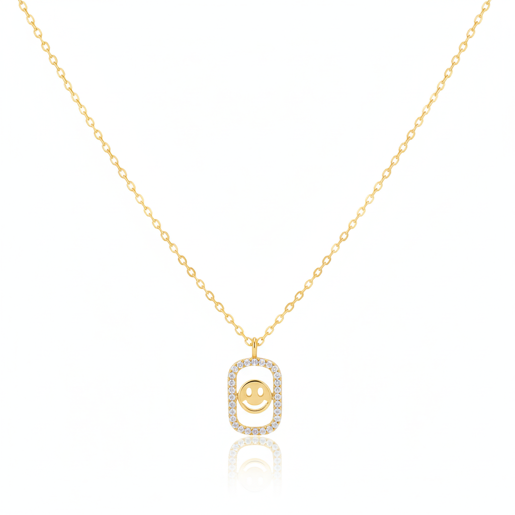 18K Gold Plated Cz Halo Set Smiley Face Pendant Necklace