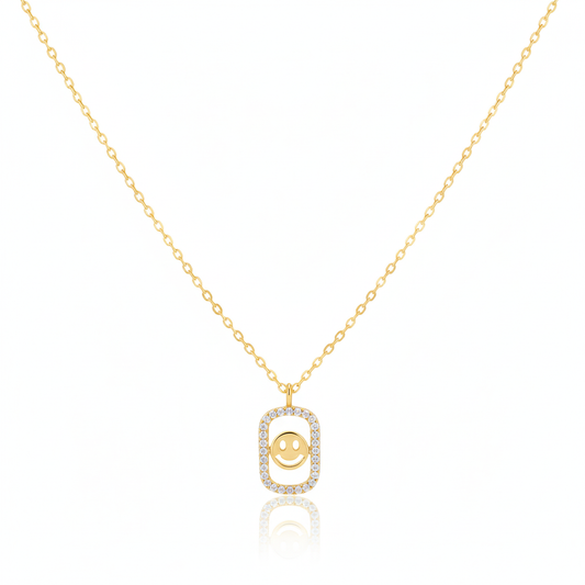 18K Gold Plated Cz Halo Set Smiley Face Pendant Necklace