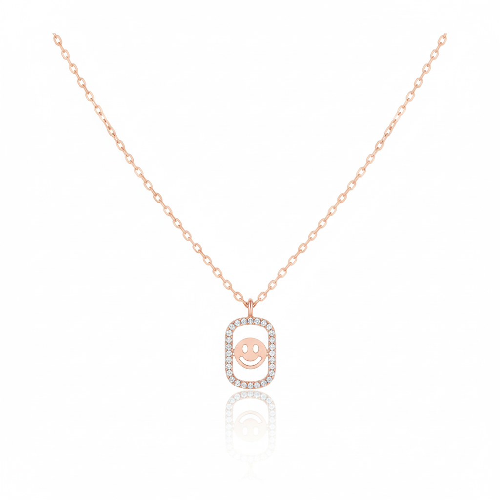 18K Gold Plated Cz Halo Set Smiley Face Pendant Necklace