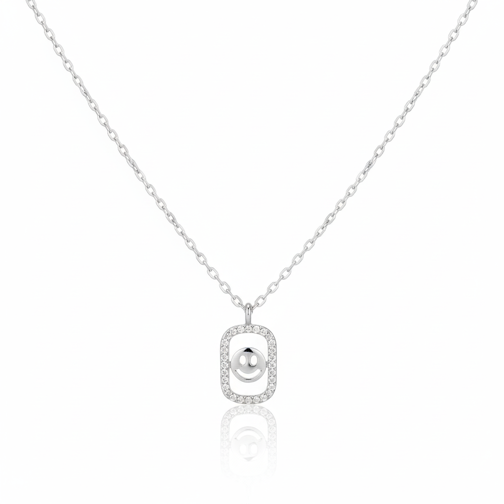 18K Gold Plated Cz Halo Set Smiley Face Pendant Necklace