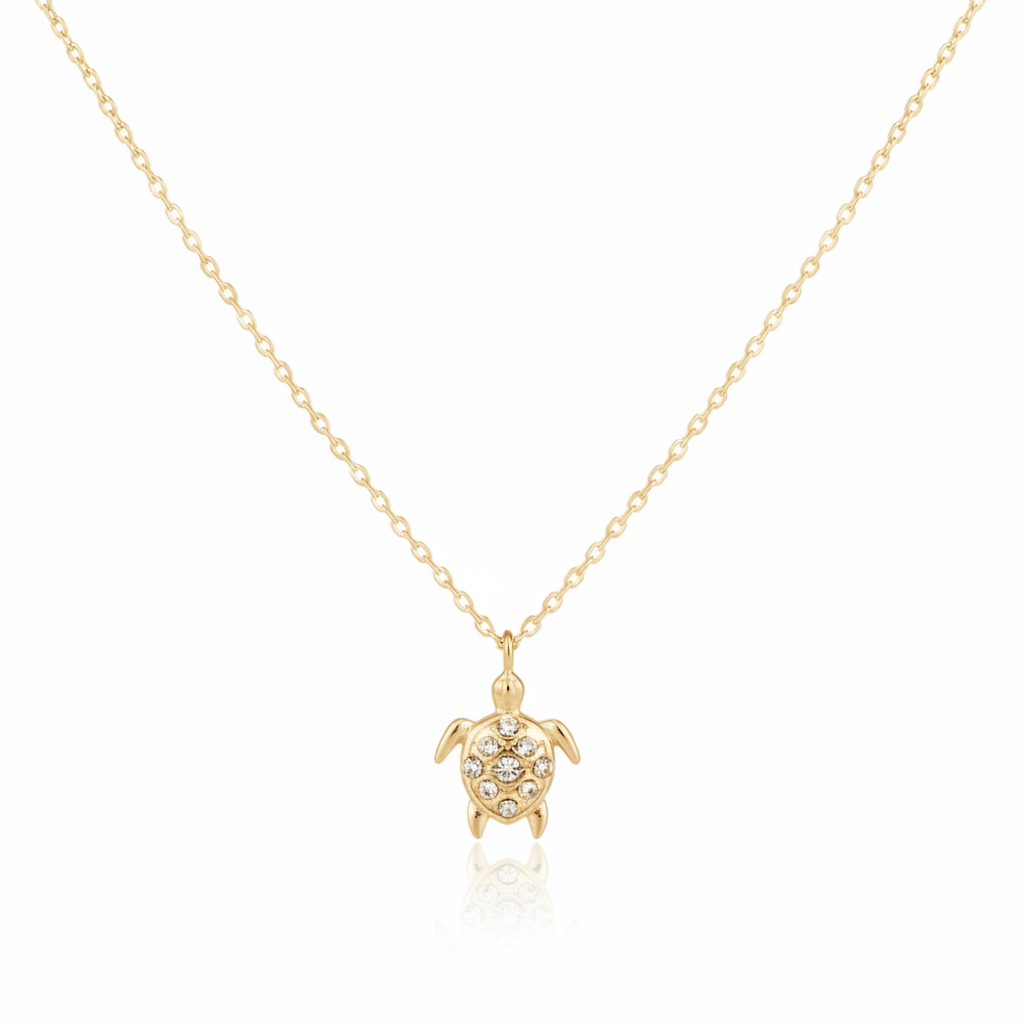 18K Gold Plated CZ Studded Turtle Pendant Necklace