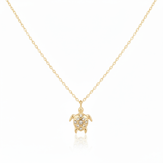 18K Gold Plated CZ Studded Turtle Pendant Necklace