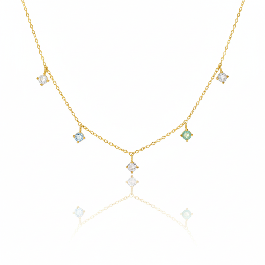 18K Gold Plated Mini CZ Station Charms Chain Necklace