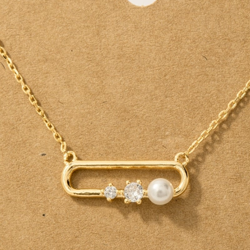 18K Gold Plated CZ and Pearl Oval Pendant Necklace
