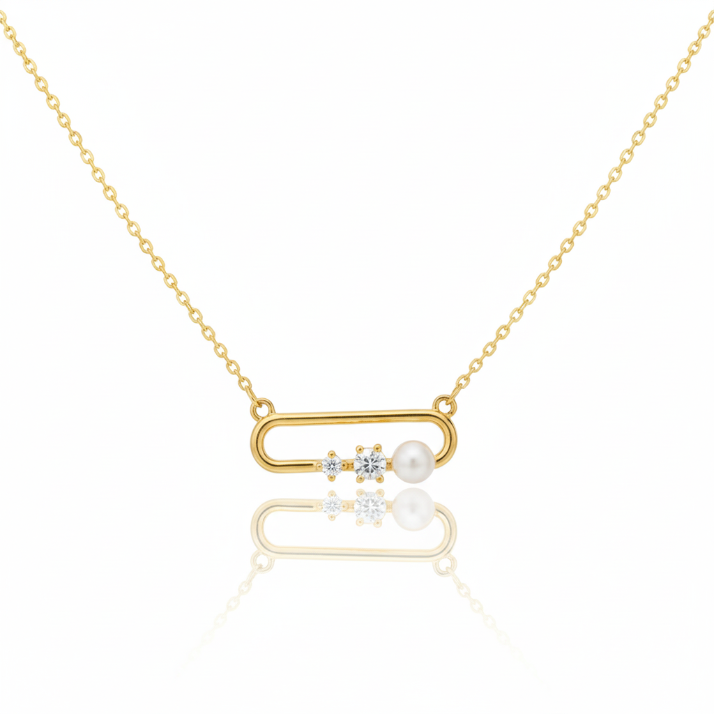 18K Gold Plated CZ and Pearl Oval Pendant Necklace