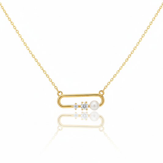 18K Gold Plated CZ and Pearl Oval Pendant Necklace