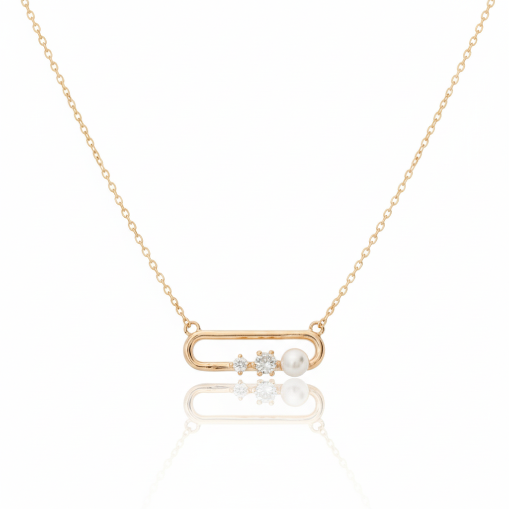 18K Gold Plated CZ and Pearl Oval Pendant Necklace
