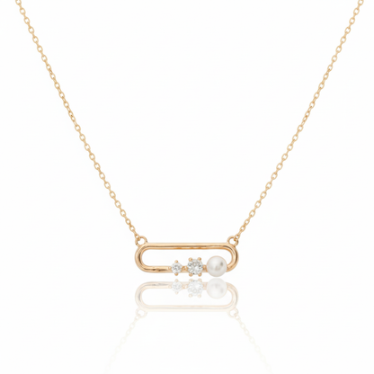 18K Gold Plated CZ and Pearl Oval Pendant Necklace