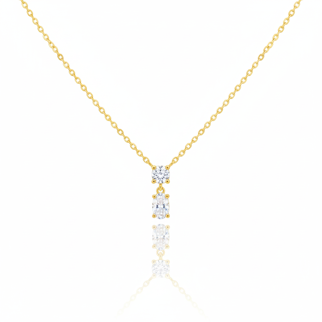 18K Gold Plated CZ Circle and Oval Pendant Necklace