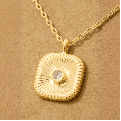 18K Gold Plated CZ Stud Square Pendant Necklace