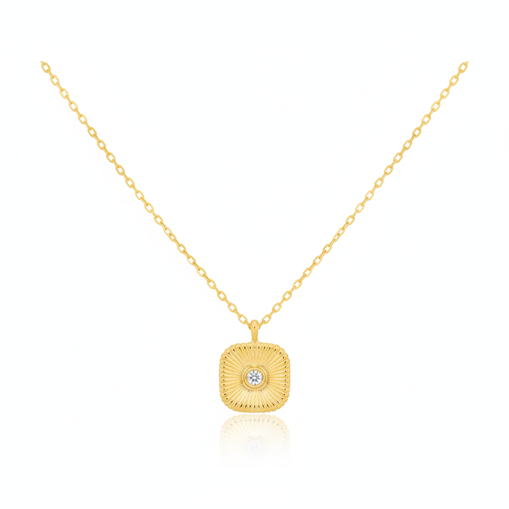 18K Gold Plated CZ Stud Square Pendant Necklace