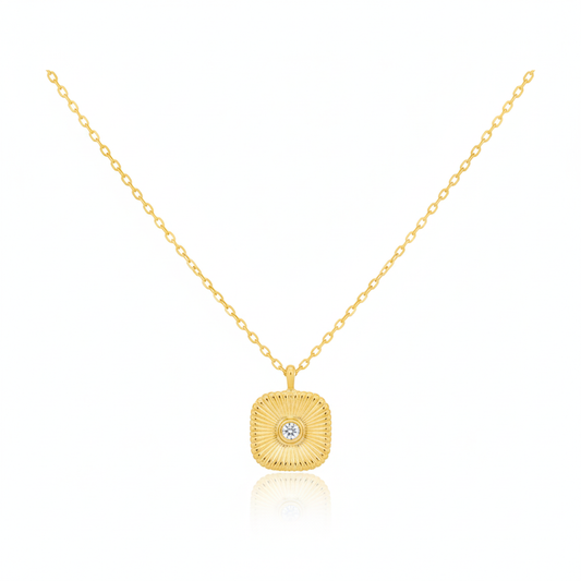 18K Gold Plated CZ Stud Square Pendant Necklace