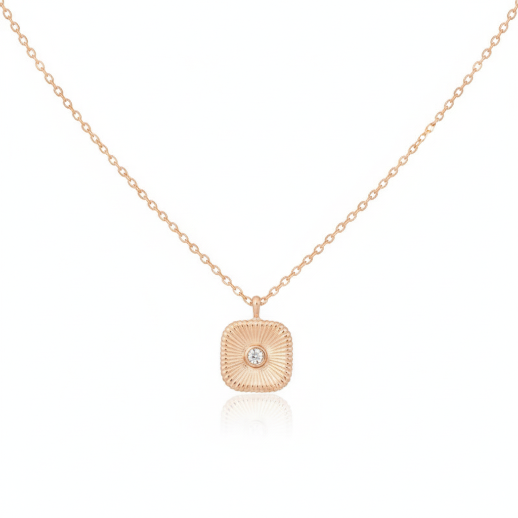 18K Gold Plated CZ Stud Square Pendant Necklace