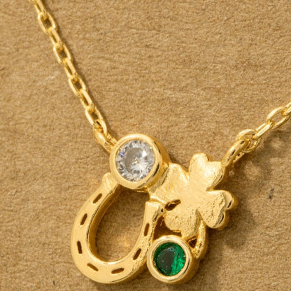 18K Gold Plated Horse Shoe Clover and CZ Pendant Chain Necklace
