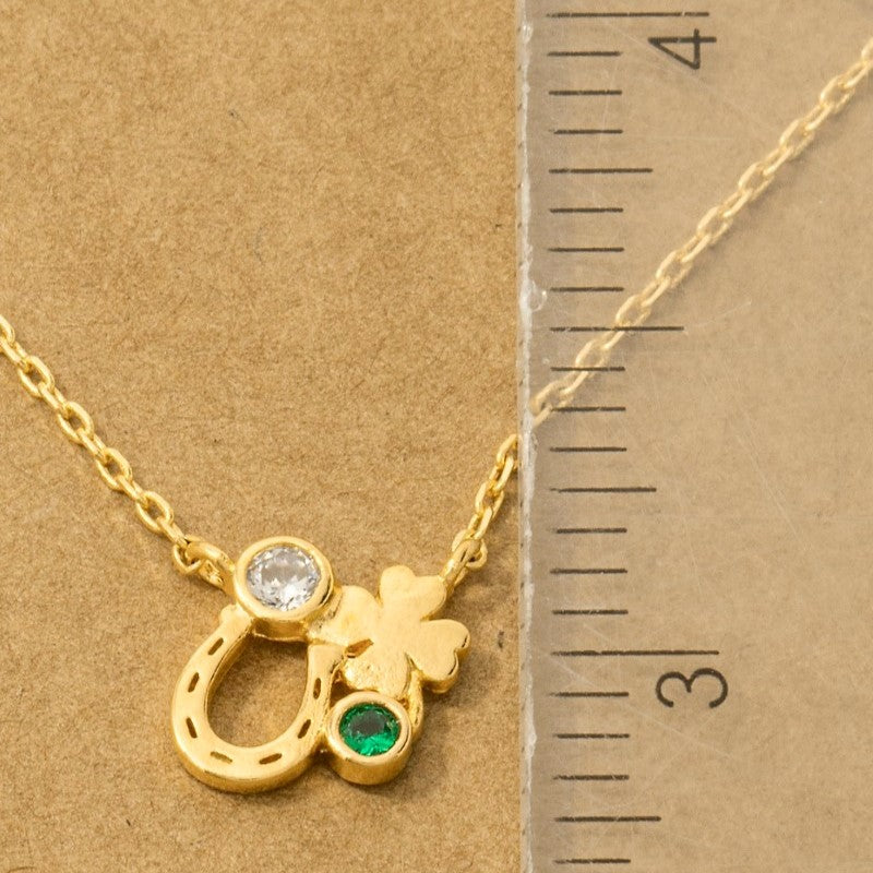 18K Gold Plated Horse Shoe Clover and CZ Pendant Chain Necklace