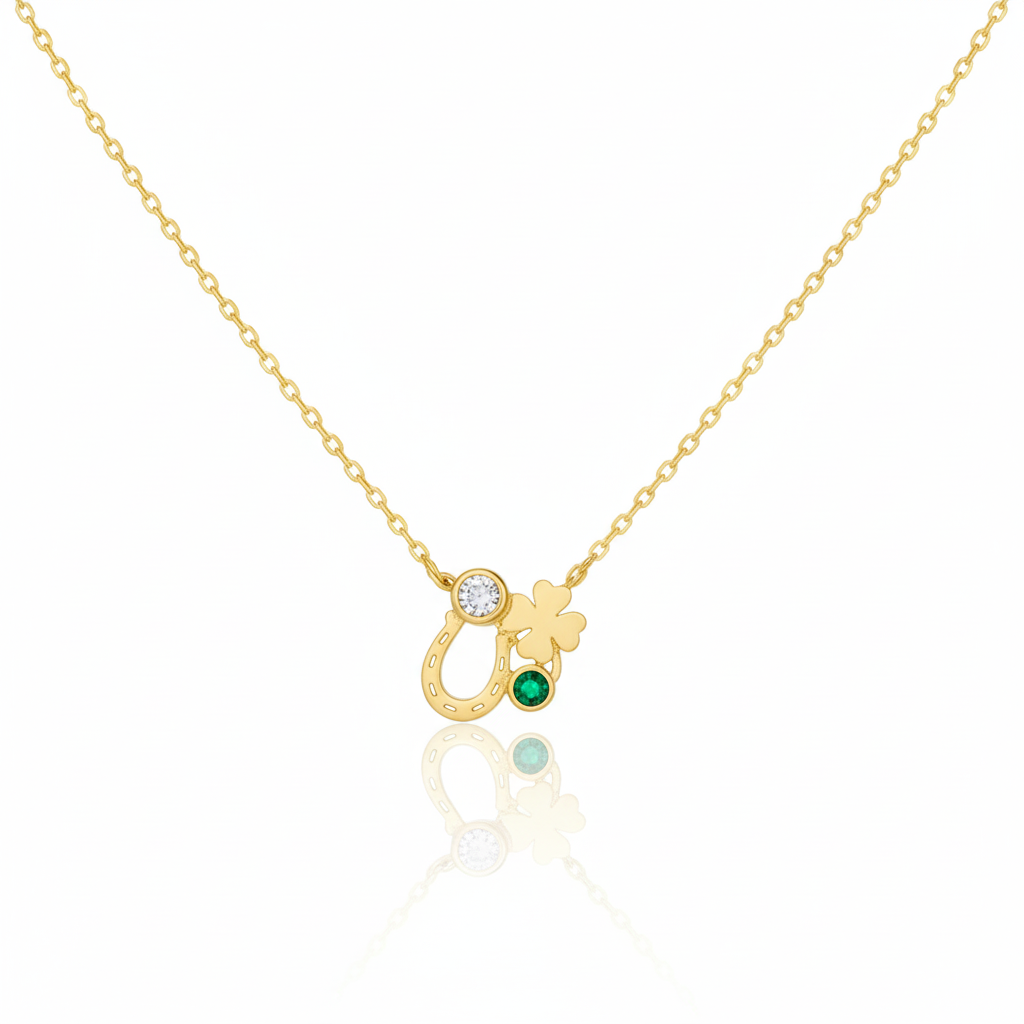 18K Gold Plated Horse Shoe Clover and CZ Pendant Chain Necklace