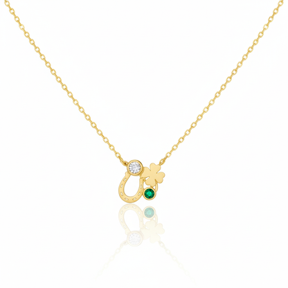 18K Gold Plated Horse Shoe Clover and CZ Pendant Chain Necklace