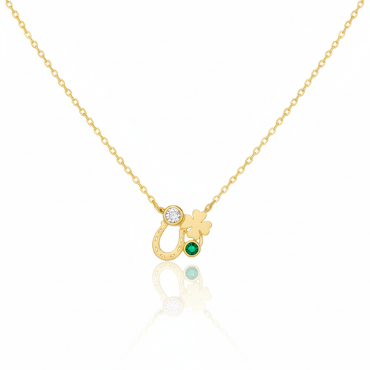 18K Gold Plated Horse Shoe Clover and CZ Pendant Chain Necklace