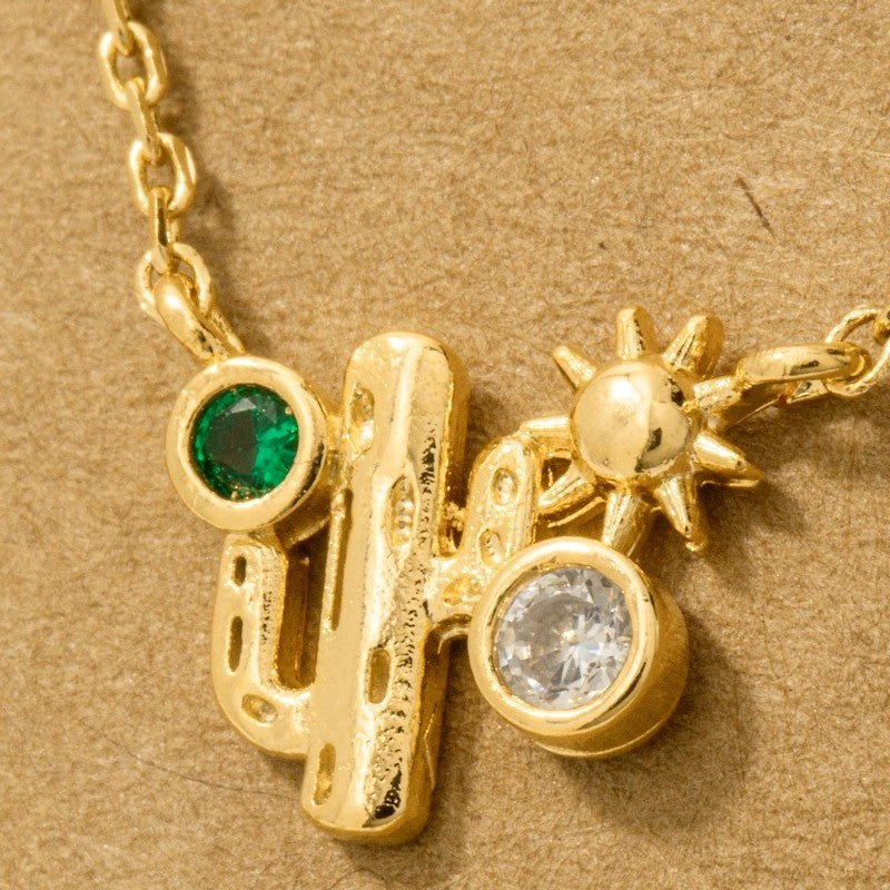 18K Gold Plated CZ Cactus Western Pendant Necklace