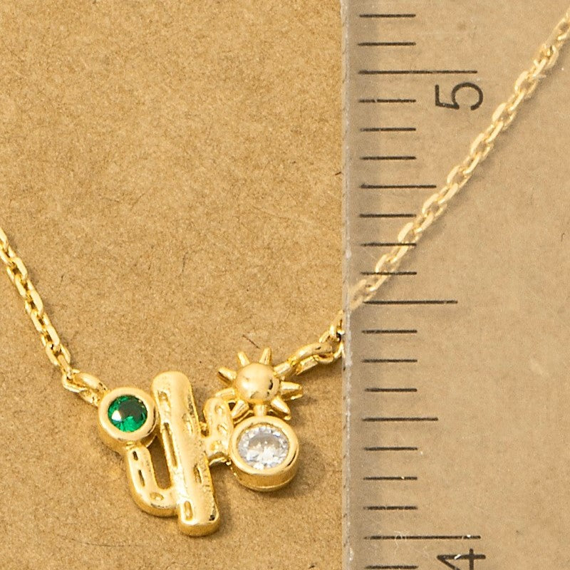18K Gold Plated CZ Cactus Western Pendant Necklace