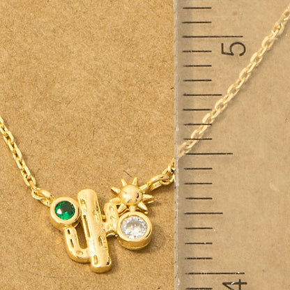 18K Gold Plated CZ Cactus Western Pendant Necklace
