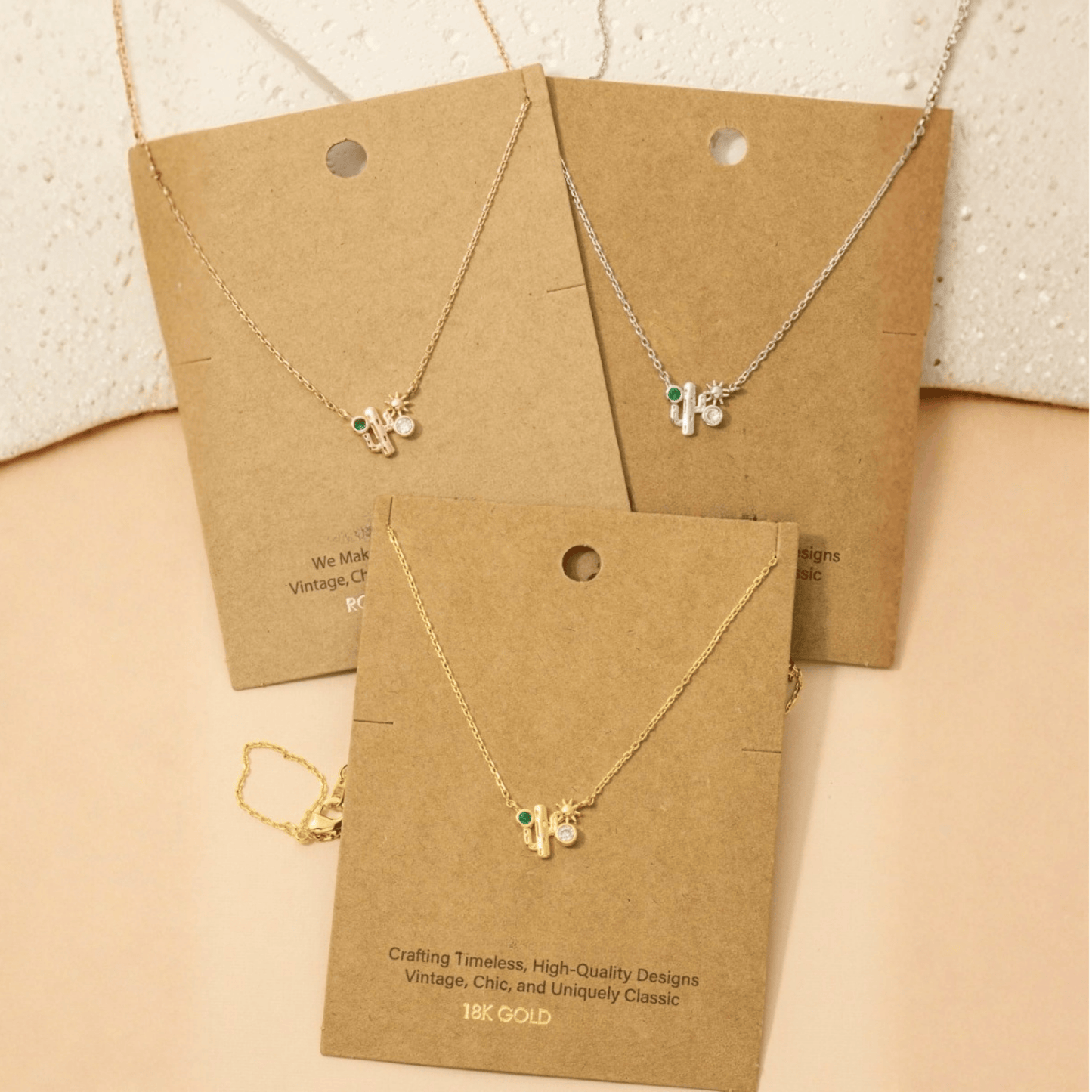 18K Gold Plated CZ Cactus Western Pendant Necklace