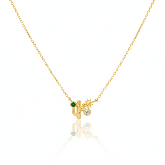 18K Gold Plated CZ Cactus Western Pendant Necklace