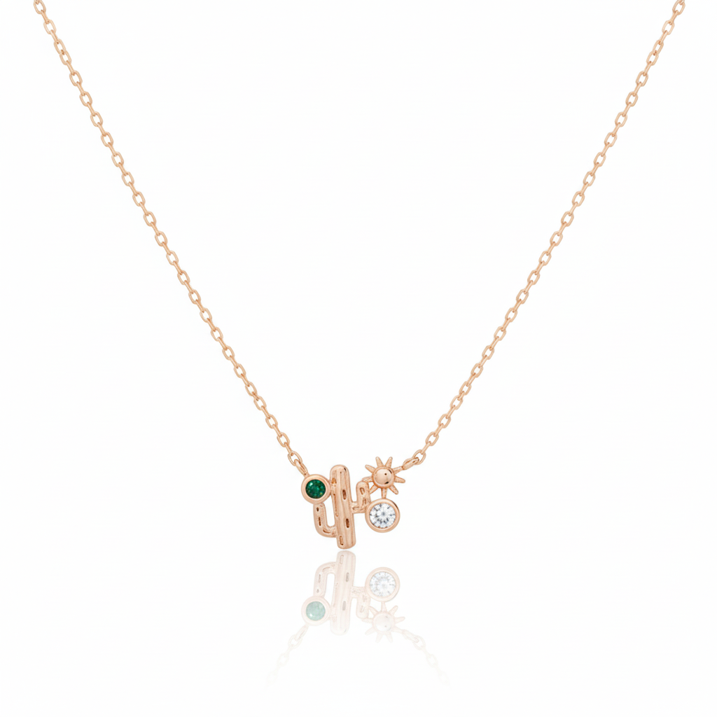 18K Gold Plated CZ Cactus Western Pendant Necklace