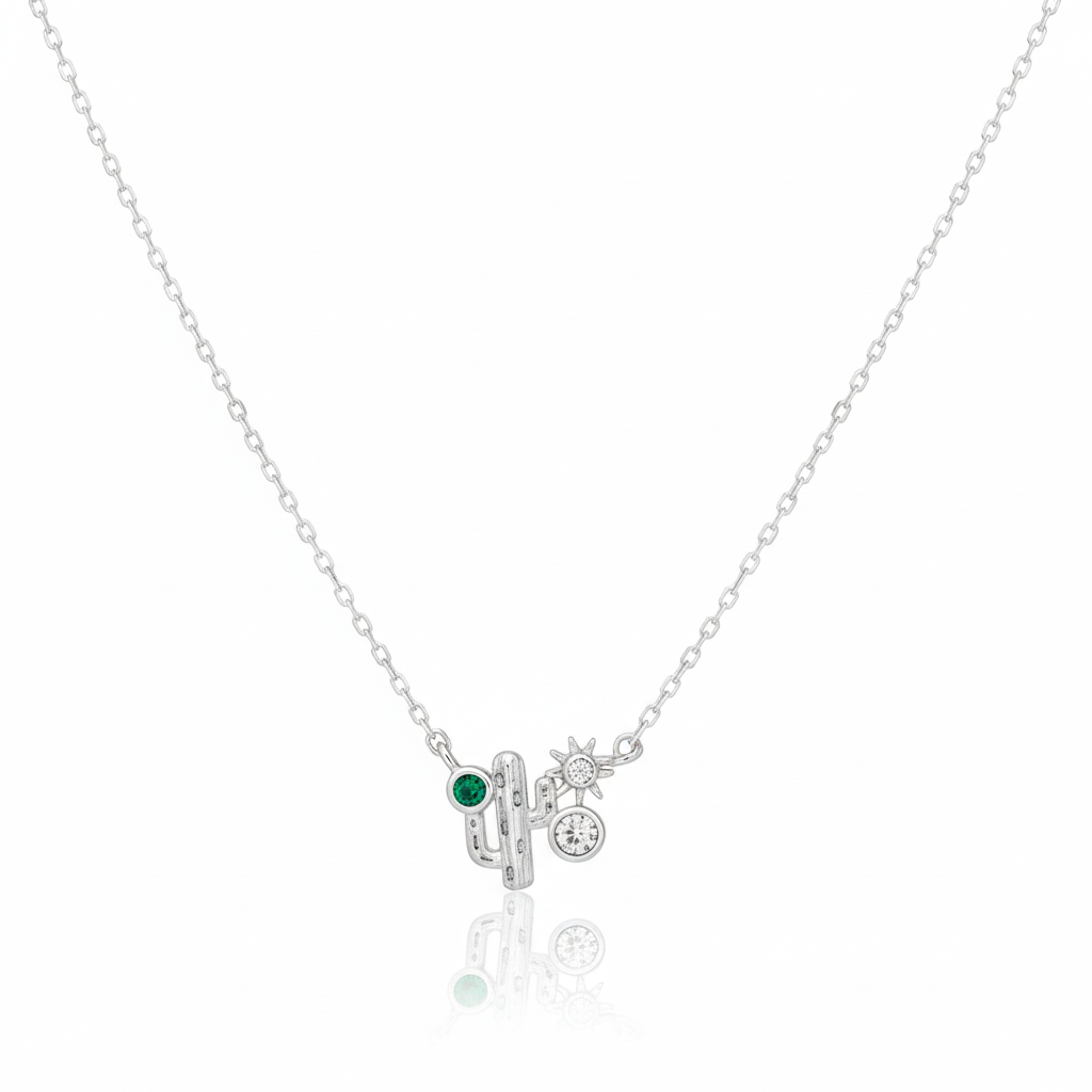 18K Gold Plated CZ Cactus Western Pendant Necklace