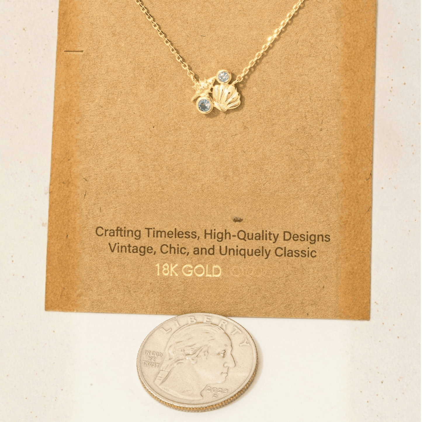 18K Gold Plated Sea Shells and CZ Pendant Chain Necklace