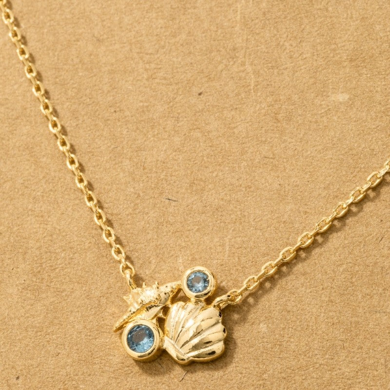 18K Gold Plated Sea Shells and CZ Pendant Chain Necklace
