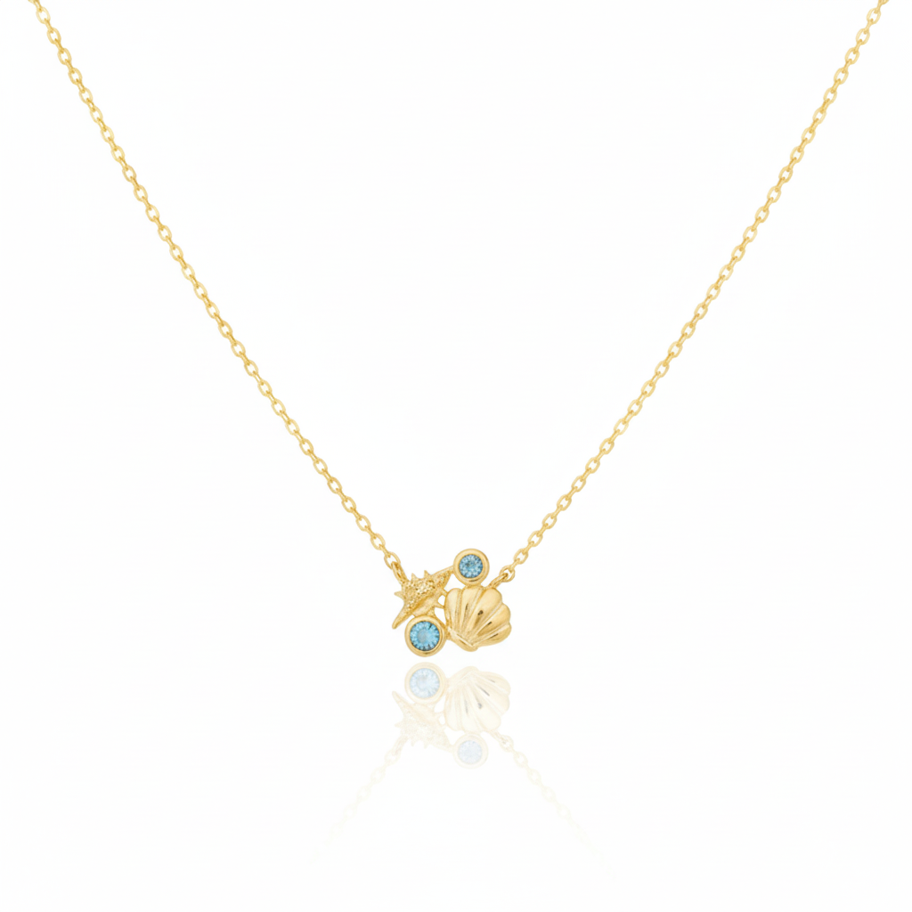 18K Gold Plated Sea Shells and CZ Pendant Chain Necklace