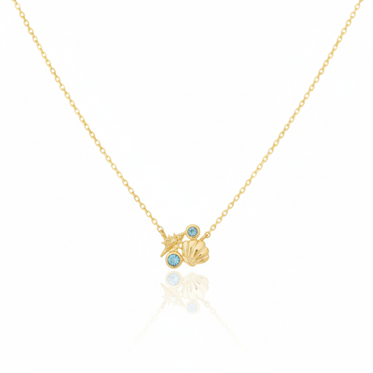 18K Gold Plated Sea Shells and CZ Pendant Chain Necklace