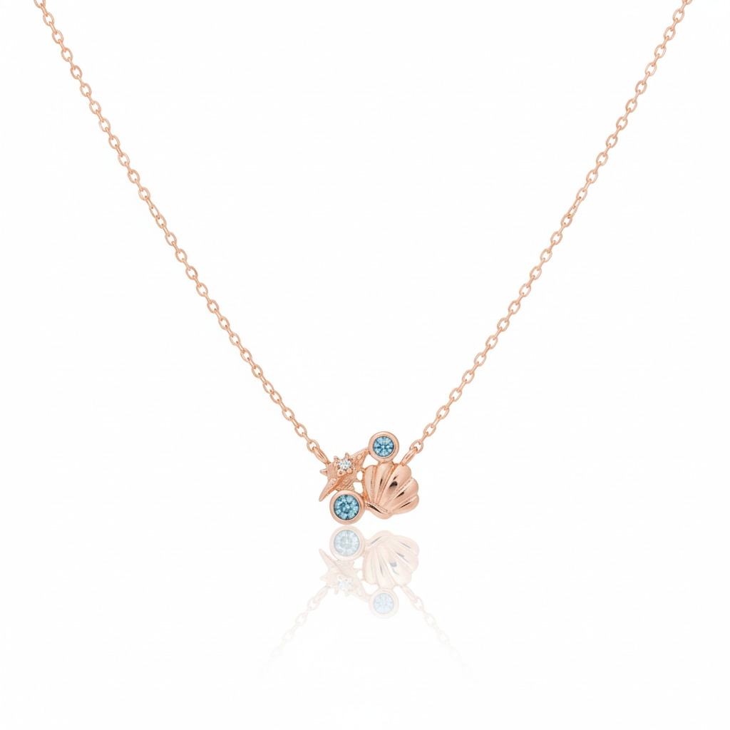 18K Gold Plated Sea Shells and CZ Pendant Chain Necklace