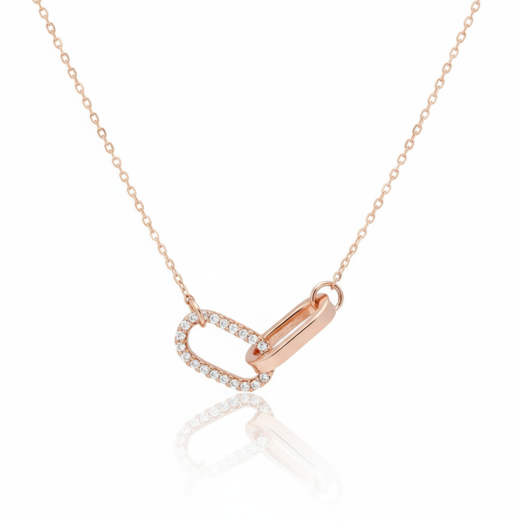 18K Gold Plated CZ Pave Oval Link Pendant Necklace