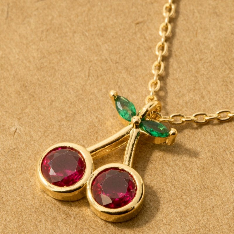 18K Gold Plated CZ Cherry Pendant Necklace