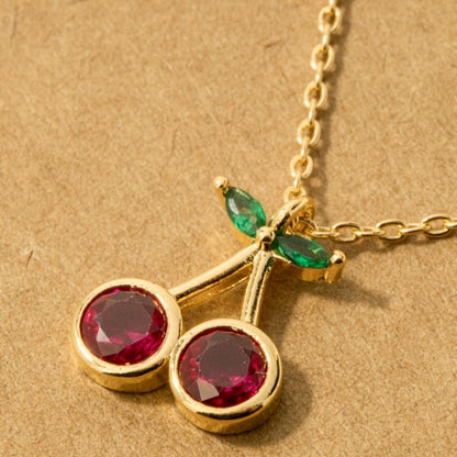 18K Gold Plated CZ Cherry Pendant Necklace
