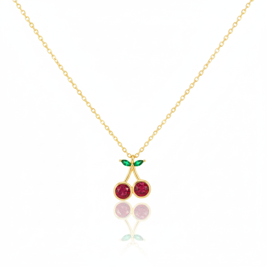 18K Gold Plated CZ Cherry Pendant Necklace