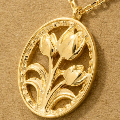 18K Gold Plated Oval Tulip Coin Pendant Necklace - Love Mi