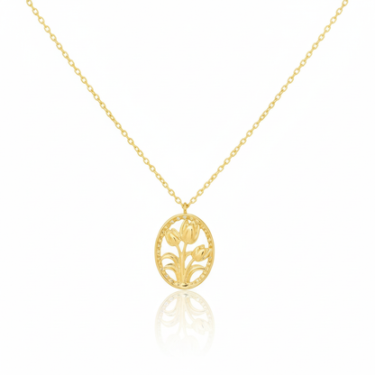 18K Gold Plated Oval Tulip Coin Pendant Necklace - Love Mi