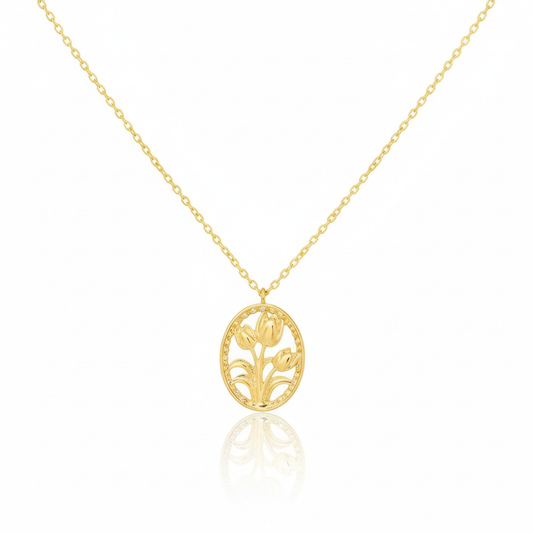 18K Gold Plated Oval Tulip Coin Pendant Necklace - Love Mi