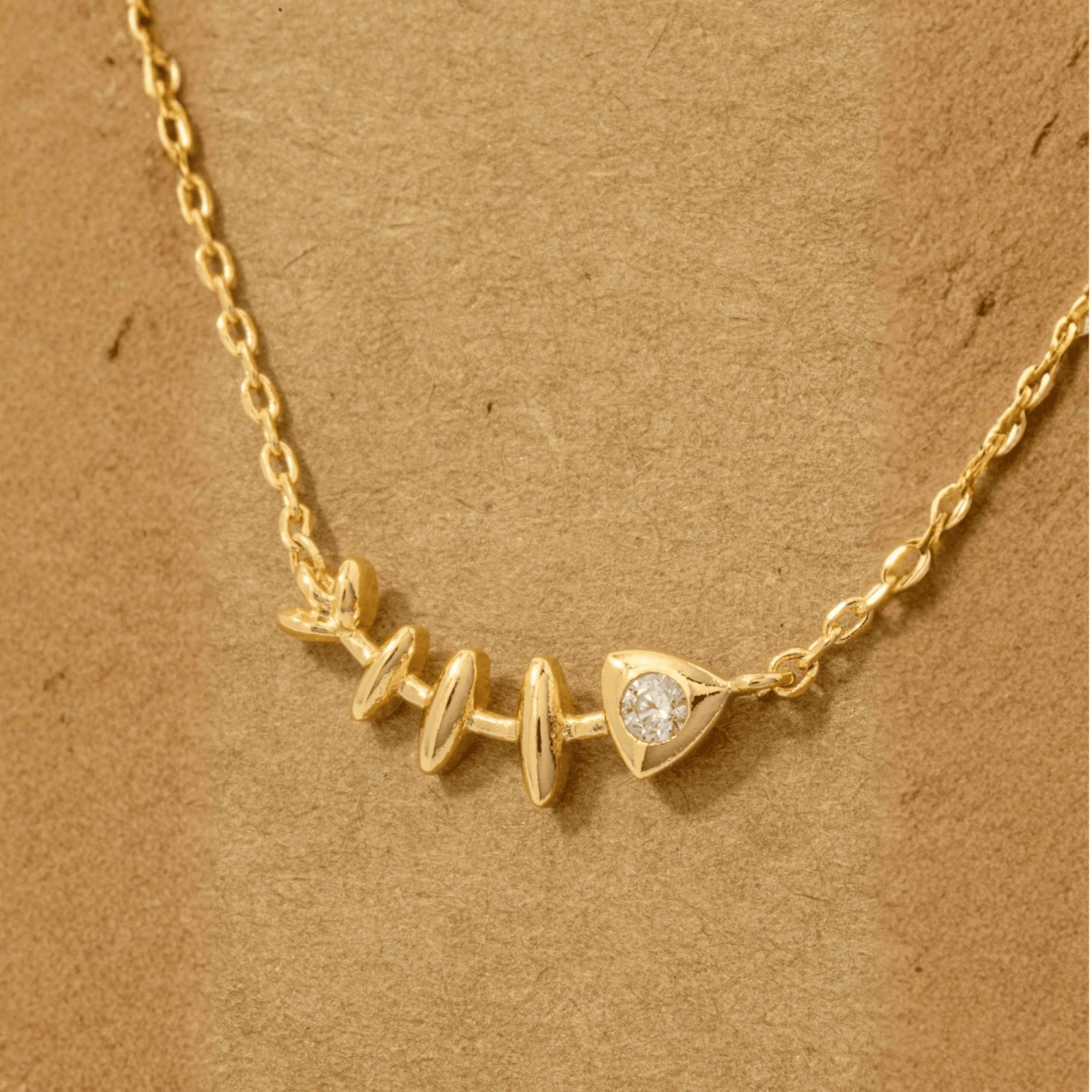 18K Gold Plated CZ Fish Bones Pendant Necklace - Love Mi