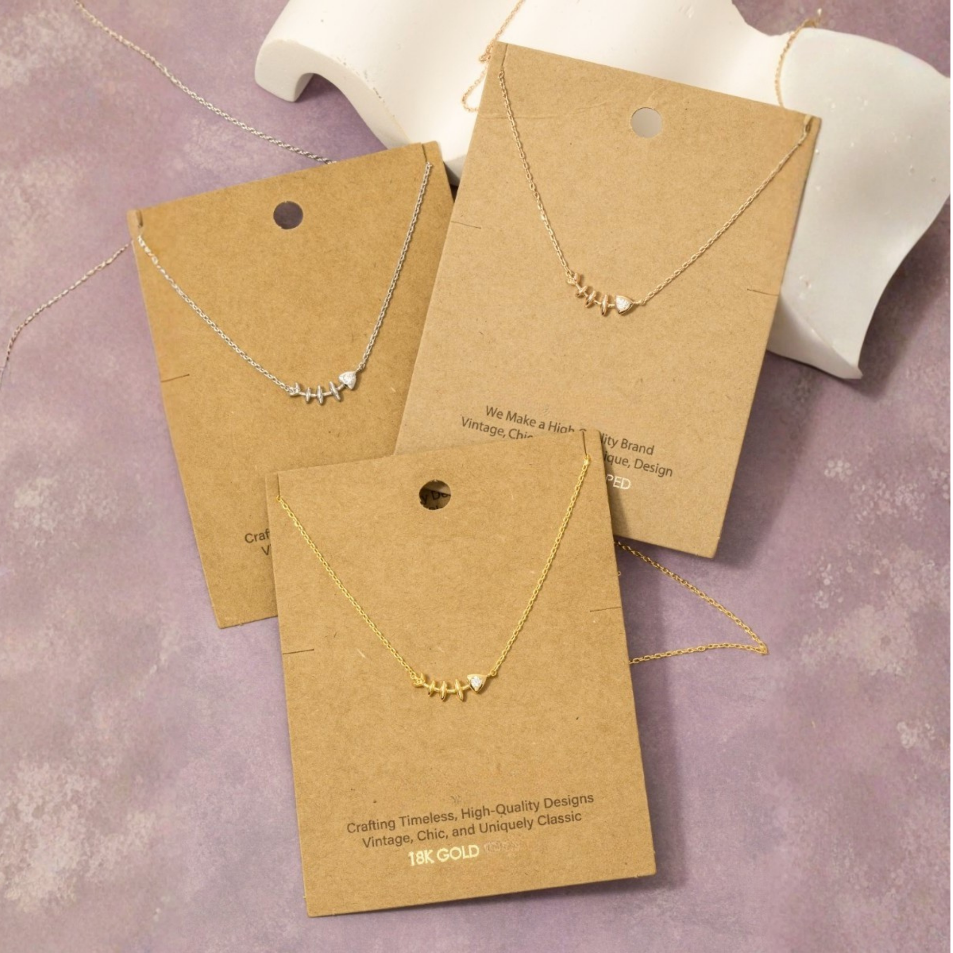 18K Gold Plated CZ Fish Bones Pendant Necklace - Love Mi