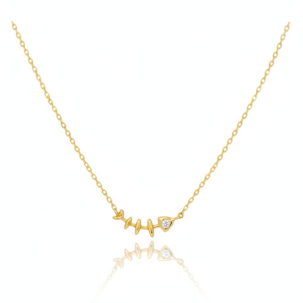 18K Gold Plated CZ Fish Bones Pendant Necklace - Love Mi