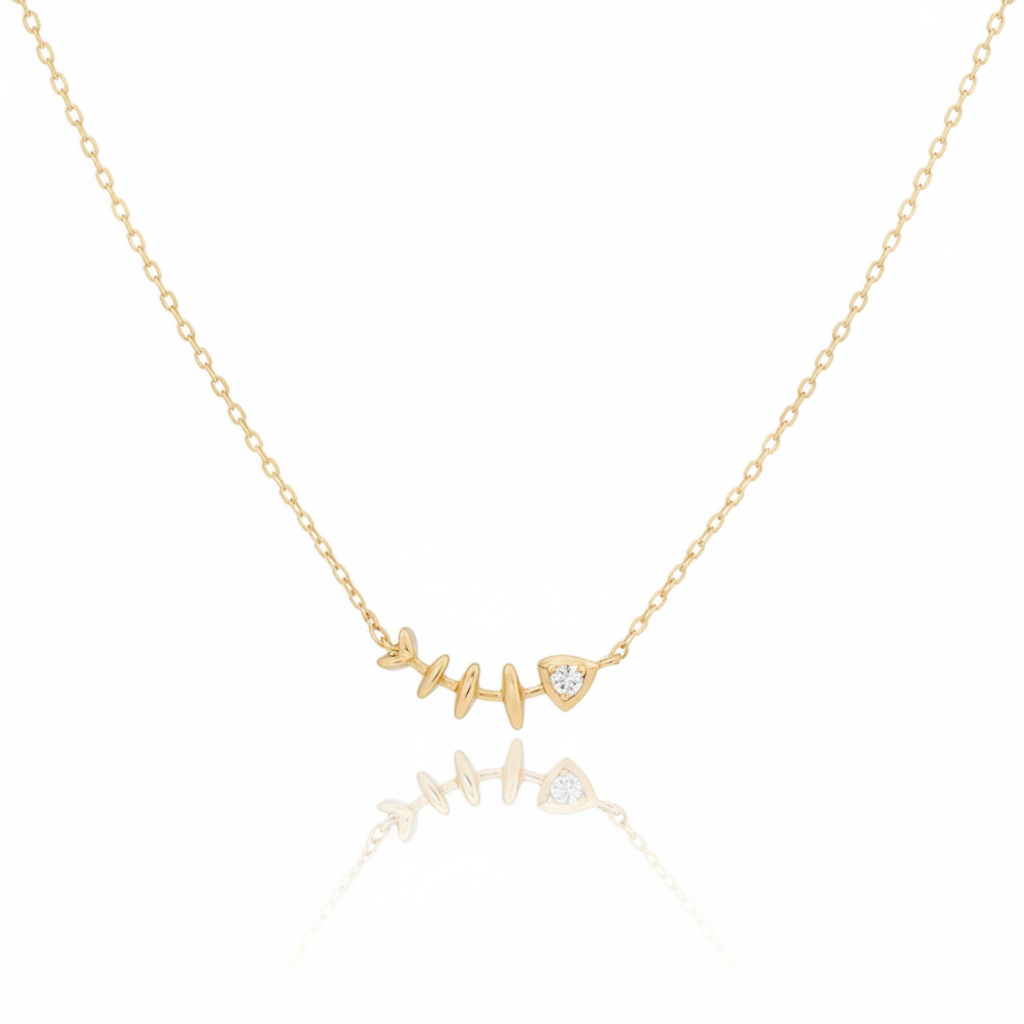 18K Gold Plated CZ Fish Bones Pendant Necklace - Love Mi
